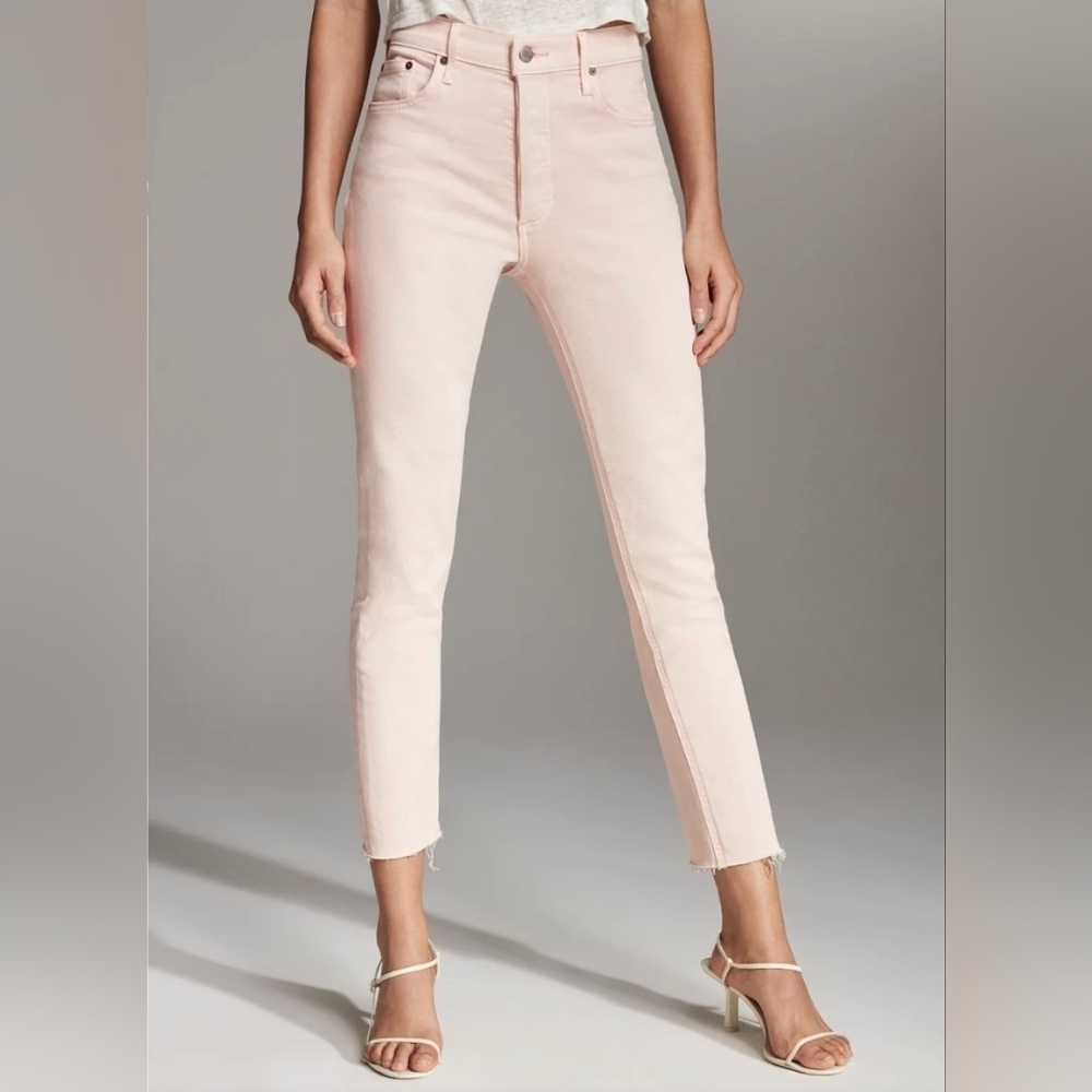 Aritzia Denim Forum The Yoko High Rise Slim Raw Hem Jeans Pale Pink
